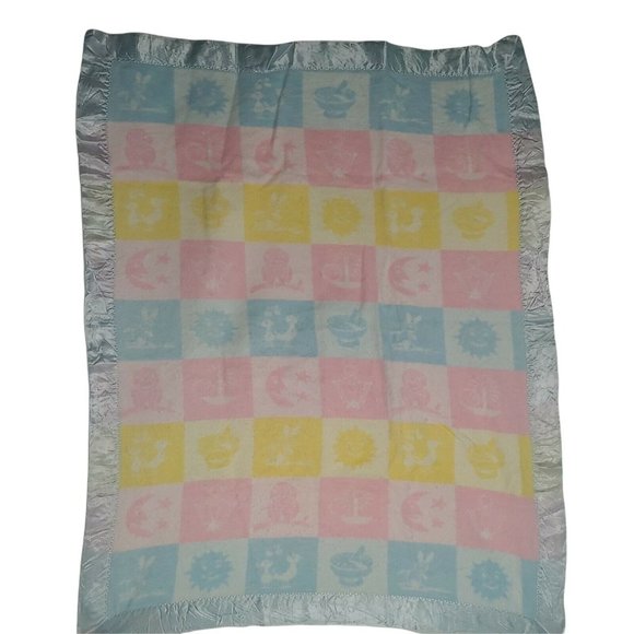 Vintage Satin Trim Baby Blanket Acrylic Pink Blue Yellow Owl Moon Anchor Chick - Picture 1 of 7